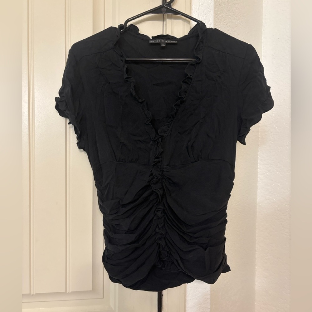 Antonio Melani Silk Blend Ruffle Blouse Black Ruched V Neck Top Women’s Large
